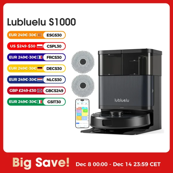 Vadrouille aspirateur robot Lubluelu S1000 avec base autonettoyante tout-en-un - Vide automatique/lavage/vadrouille sèche mains libres 10000 Pa 180 minutes d'autonomie